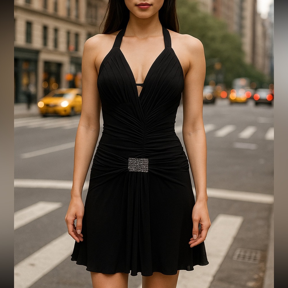 ABS By Allen Swartz Y2K Elegant Black Dress Size S Buckle Rhinestones Draped
